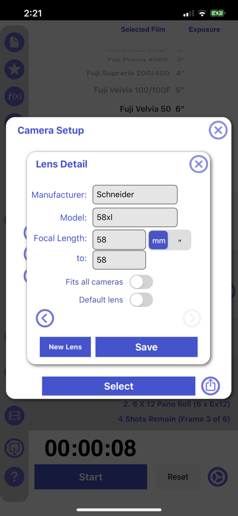 Camera lens detail and setup screen within the Reciprocity Timer app