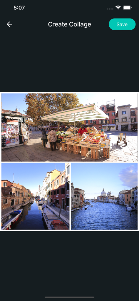 Un collage di foto di paesaggi veneziani all'interno dell'interfaccia dell'app Camera 720.