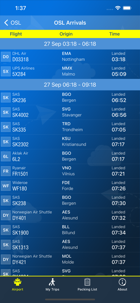 Bacheca arrivi dell'Aeroporto di Oslo con stato del volo e dettagli di origine