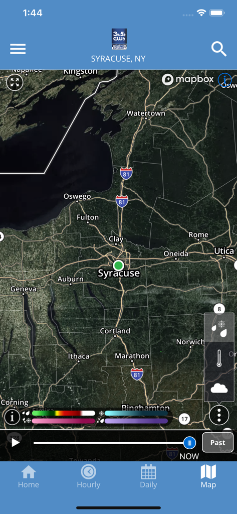 CNY Central Weather app featuring a high-resolution radar map of Syracuse and Central New York.