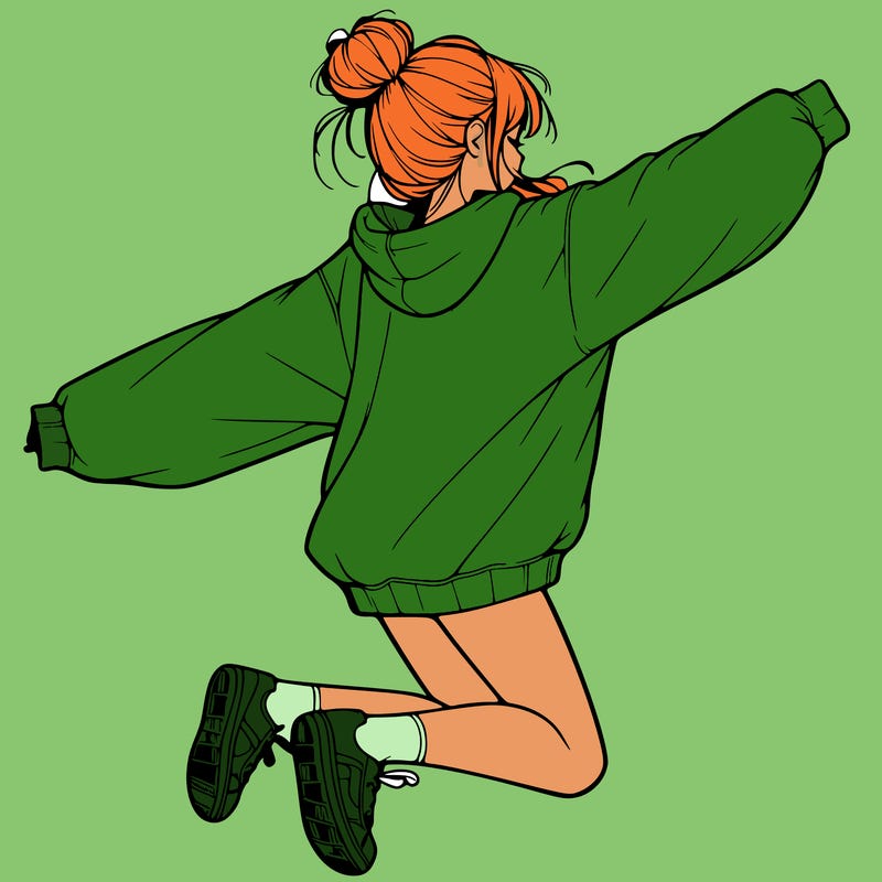 realistic girl jumping with a bun and oversized sweatshirt