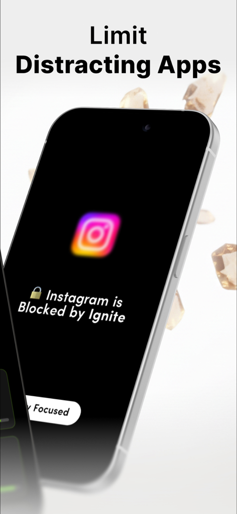 Pantalla de un teléfono inteligente que muestra Instagram bloqueado por la aplicación Ignite con el encabezado Limitar aplicaciones que distraen.