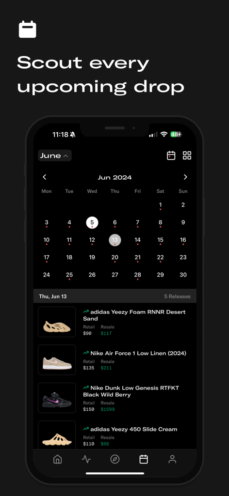 Sole Retriever mobile app showing a monthly sneaker release calendar with upcoming shoe drops and price comparisons.