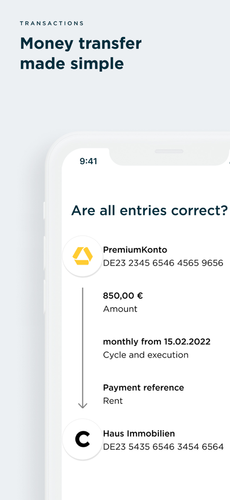 Commerzbank Banking - Commerzbank 뱅킹 앱 화면에 월세 납부를 위한 송금 확인이 표시됨.