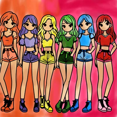 a group of girls wearing crop tops and shorts