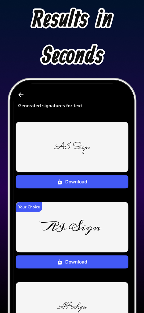 Interfaz de la aplicación AI Signature Maker mostrando múltiples opciones de firma estilo manuscrito cursivo con botones de descarga.