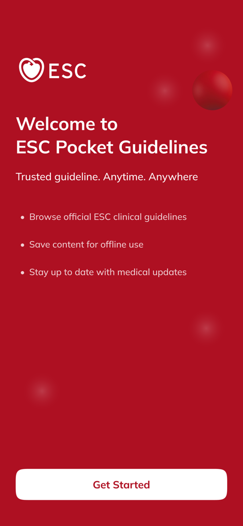 ESC Pocket Guidelines - Welcome screen of the ESC Pocket Guidelines app highlighting clinical guidelines and offline access features.