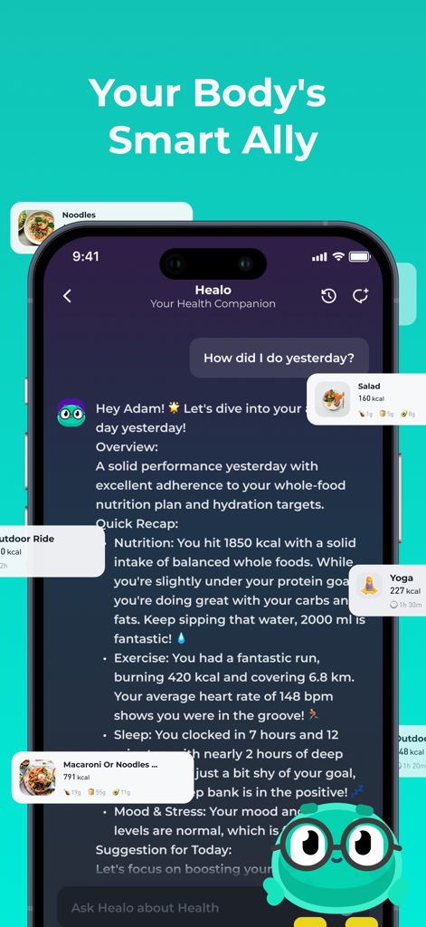 Hea! - Health Companion - AI chatbot interface in the Hea app providing a personalized summary of nutrition, exercise, and sleep data.