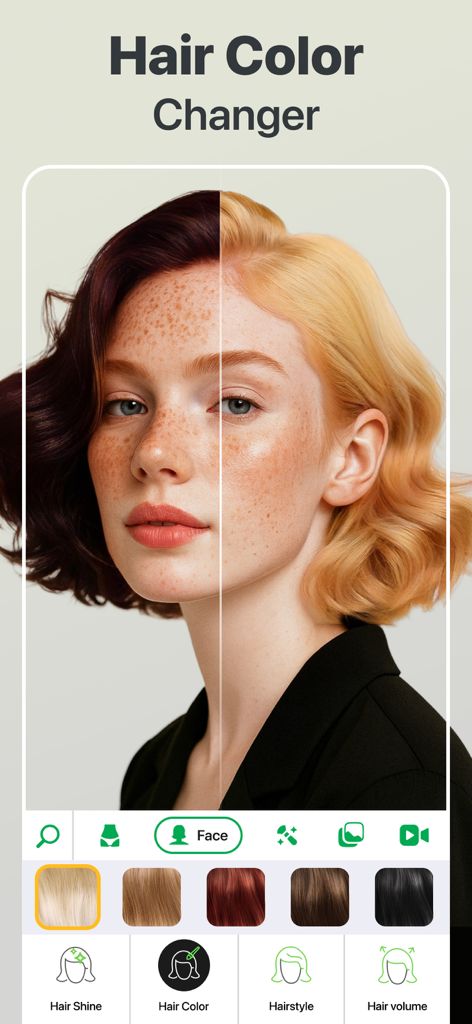 Retouch Me: Face, Body Editor - Retouch Meアプリでのダークからブロンドへの髪色の変化を示す左右分割画面