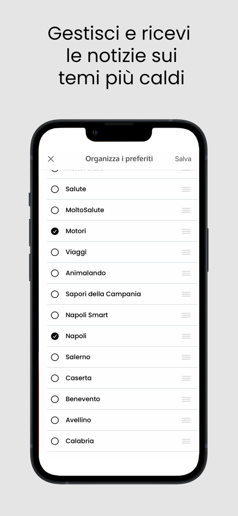 Interface of the Il Mattino Mobile app showing a menu to organize news topic preferences including regions like Naples and Salerno