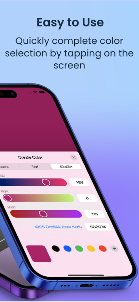 Portable Softbox - An iPhone screen showing the easy color selection interface in the Portable Softbox app with RGB sliders.