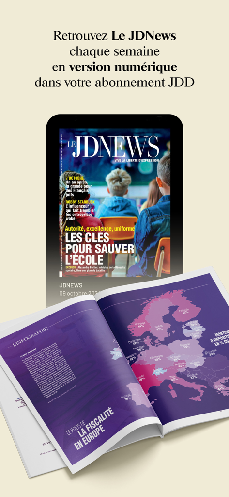 Le JDD : actualités et info - Le JDNews digital magazine on a tablet showing a cover about education and an infographic about European taxation.