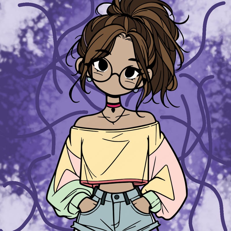 girl with a messy ponytail glasses a baggy crop top and jean shorts