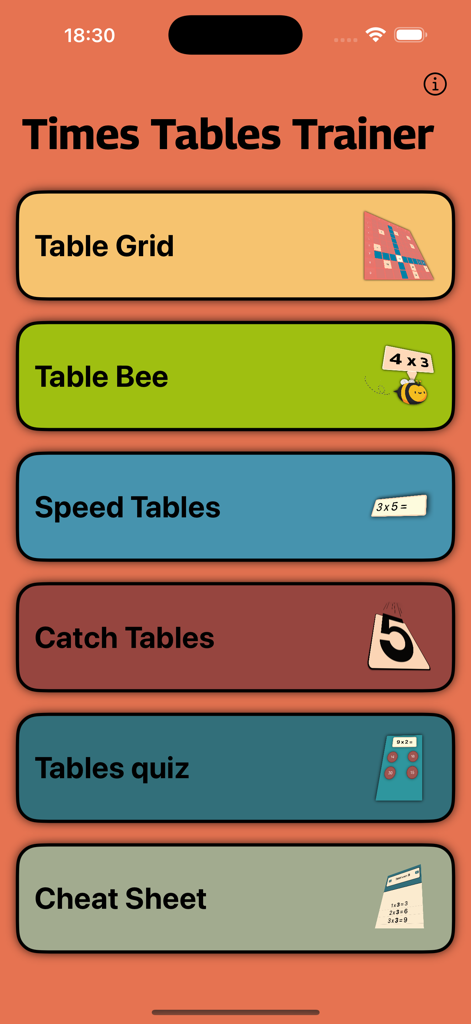 Tafels trainer - Main menu screen of the Times Tables Trainer app showing six different multiplication learning modes