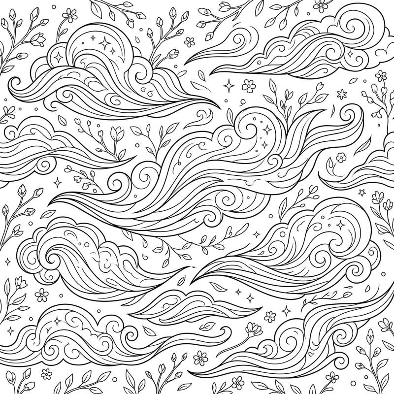 Drift into a peaceful spring scene with this enchanting coloring page, showcasing elegant cirrus clouds intertwined with new growth. It's a perfect blend of nature's beauty and calming artistry, ready for your creative touch.