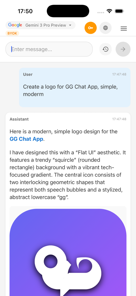 A screenshot of the GG AI Chat app showing the assistant generating a modern logo design in response to a user prompt.