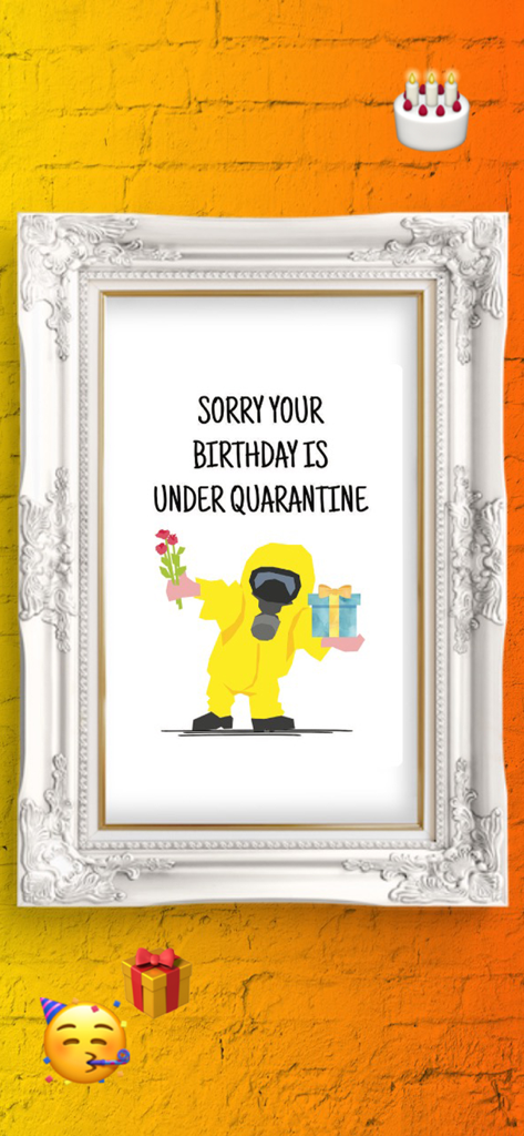 Greetify eCards,Birthday cards - Um cartão de aniversário com tema de quarentena dentro de uma moldura branca, apresentando uma pessoa em traje de proteção com flores e um presente.