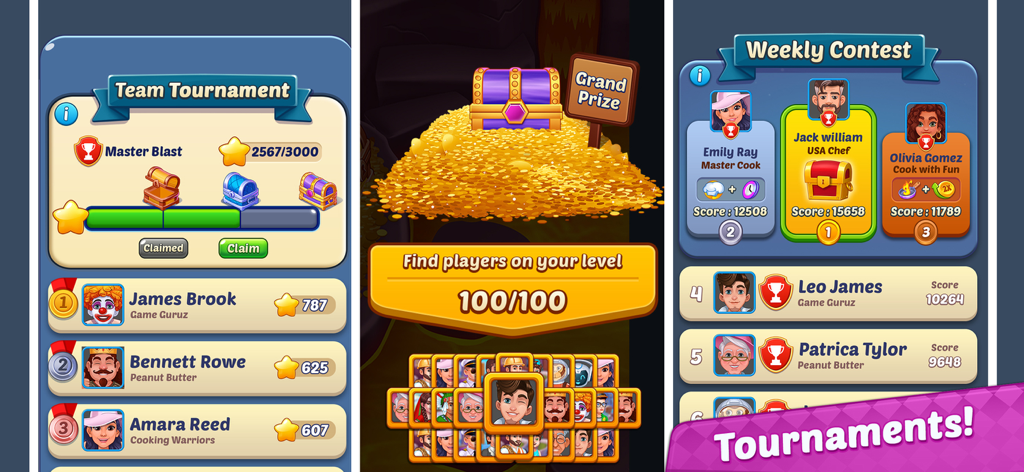 Capturas de pantalla que muestran las clasificaciones de torneos de equipos, los grandes premios y las tablas de clasificación de concursos semanales en el juego de cocina