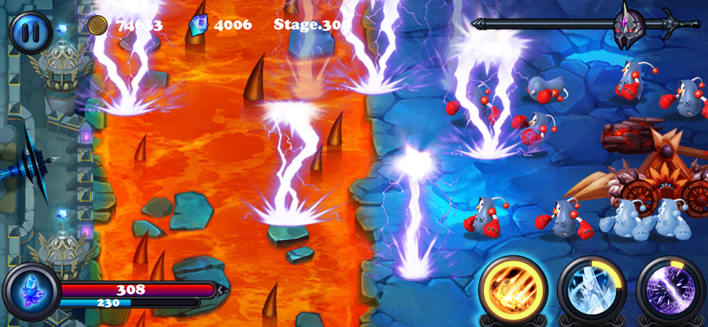 Defender II - Captura de pantalla del juego Defender II que muestra hechizos de relámpagos golpeando oleadas de enemigos a través de un foso de lava