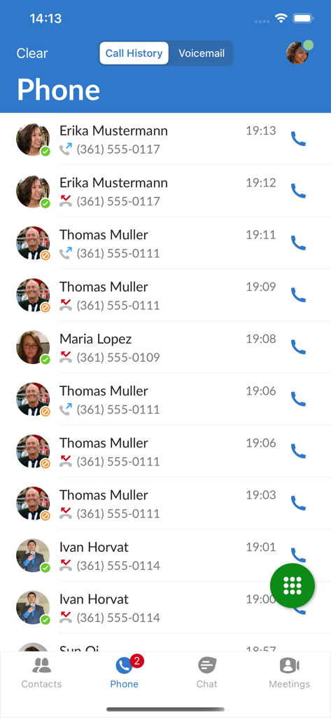 MaX UC - Call history screen of the MaX UC mobile app displaying a list of recent business calls and contact details.