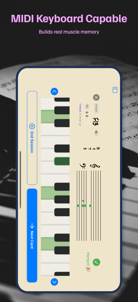 Jazz Piano Voicings - Smartphone screen showing the Jazz Piano Voicings app with MIDI keyboard support and staff notation for an F13 chord.