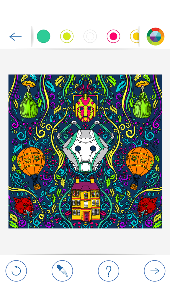 BBC Colouring: Doctor Who - Digital coloring page featuring a Cyberman and intricate patterns in the BBC Doctor Who app