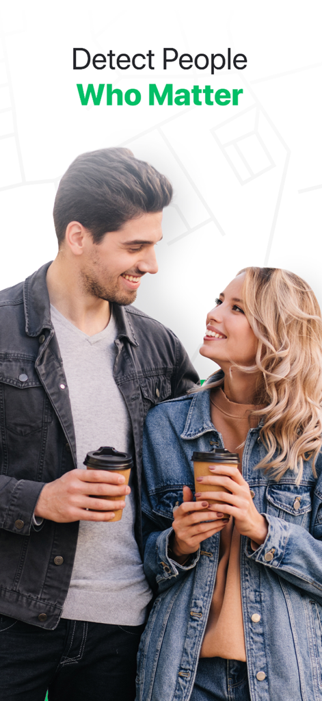 Geo Tracker GPS Phone Location - Una pareja joven sonriente sosteniendo tazas de café con el texto Detect People Who Matter para la aplicación Geo Tracker