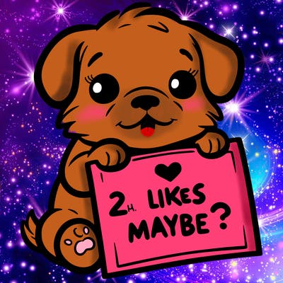a puppy holding a sign that says 2 likes maybe?