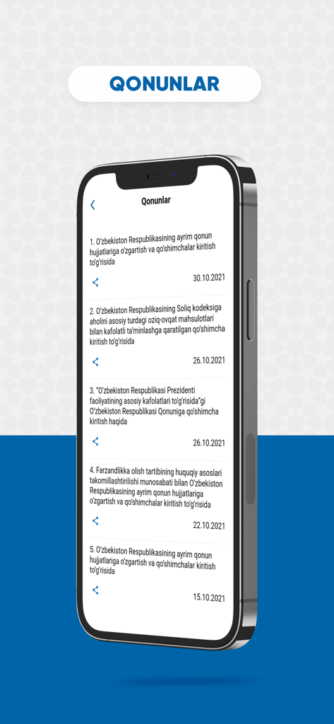 Bildschirm eines Mobiltelefons mit einer Liste von Gesetzen in der usbekischen Gesetzgebungs-App LexUz