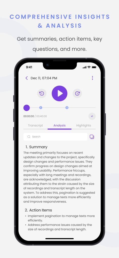 Interfaz de la app Lugh que muestra el resumen de reunión generado por IA y los elementos de acción.