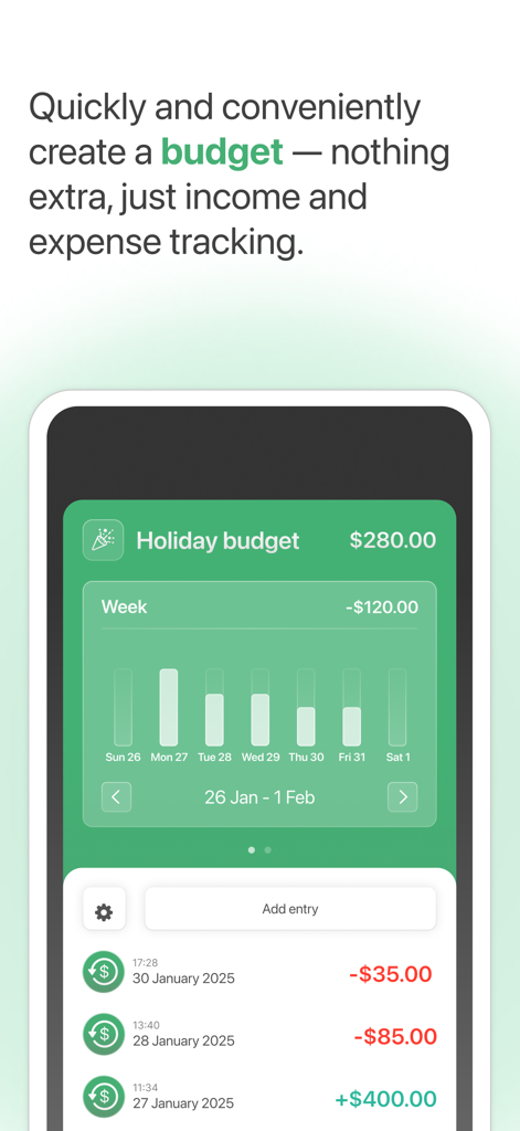 Goal Tracker: Save & Budget - A mobile app screen showing budget management with a weekly expenditure chart and transaction history.