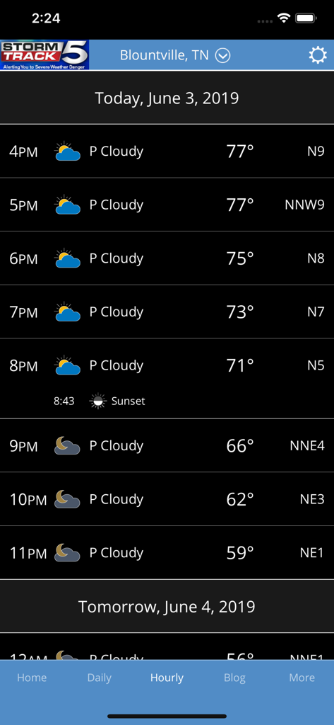 Hourly weather forecast display in the StormTrack 5 app showing temperatures and conditions for Blountville Tennessee.