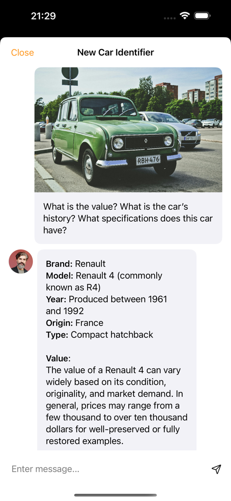 Car Identifier - Car Identifier app showing detailed specifications and market value for a vintage Renault 4