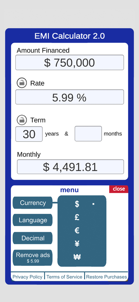 Loan Calculator EMI - ローン計算機EMIアプリのインターフェースが、通貨オプションとともに毎月の住宅ローン支払額を計算しています。