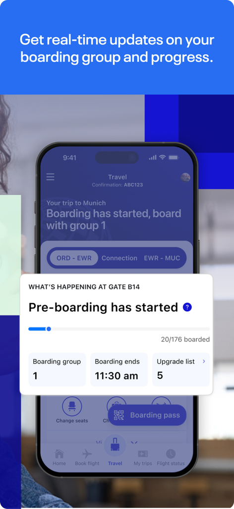 ユナイテッド航空アプリがリアルタイムの搭乗グループ状況と進捗を表示。