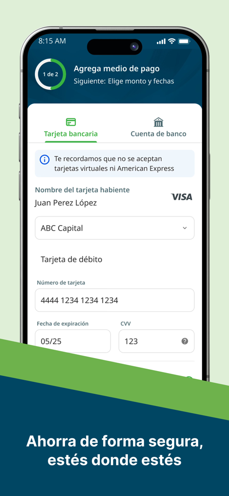 Pantalla de la aplicación móvil AforeMóvil para añadir un método de pago con tarjeta bancaria y ahorrar para el retiro de forma segura