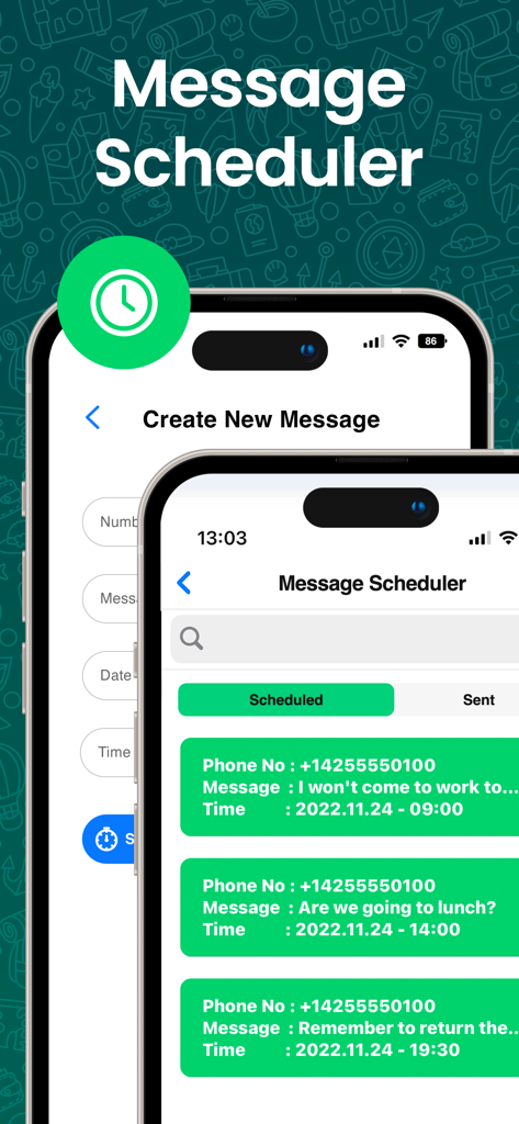 Interface of the Messenger Duo for WhatsApp app showing the Message Scheduler feature with a list of upcoming scheduled messages