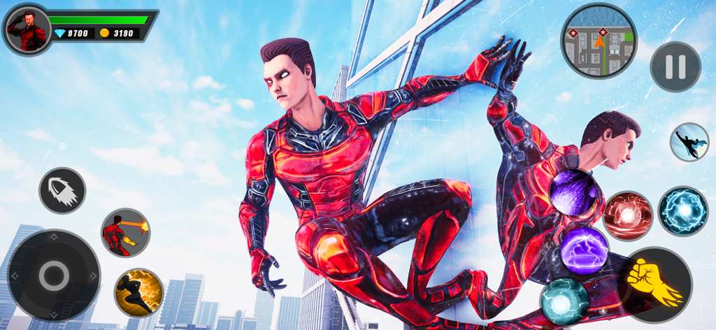 GT Gangster Monster Survival - Superheldencharakter im rot-schwarzen Anzug klettert einen Glaswolkenkratzer in einem Open-World-Stadtspiel hoch