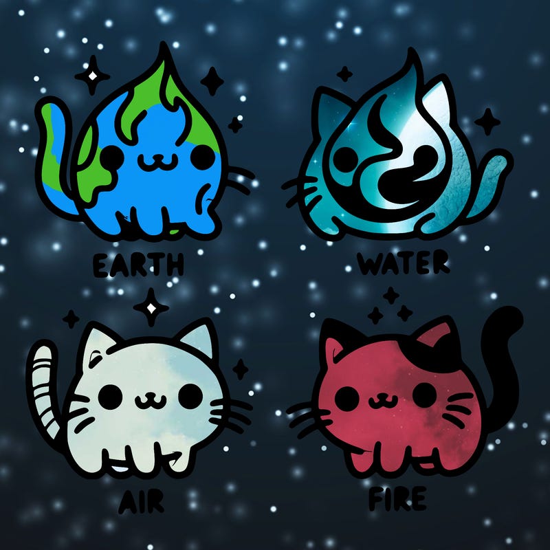4 cats that represent the different elements, earth, water, air, and fire