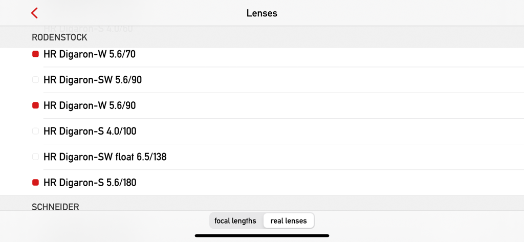 Mark II Artist's Viewfinder - A list of Rodenstock lenses in the Mark II Artist's Viewfinder app database