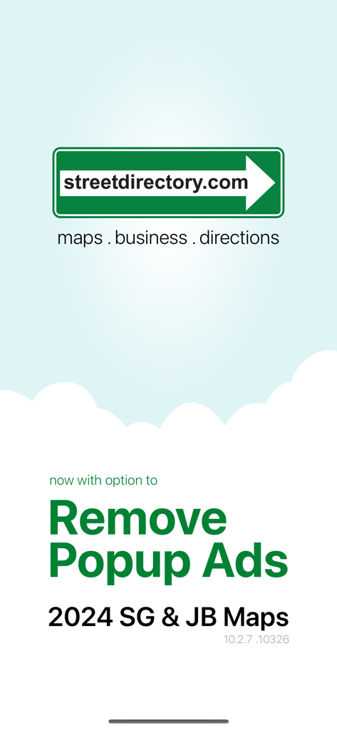 Singapore Maps - Streetdirectoryロゴとポップアップ広告の削除に関する情報が表示されるシンガポール マップアプリの紹介画面。