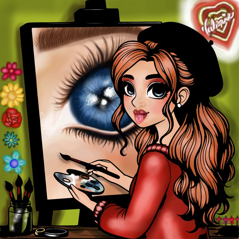 realistic girl artist painting a blank canvas