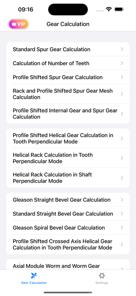 List of gear calculation options for spur, helical, and bevel gears in the Gear Calculator Pro app.