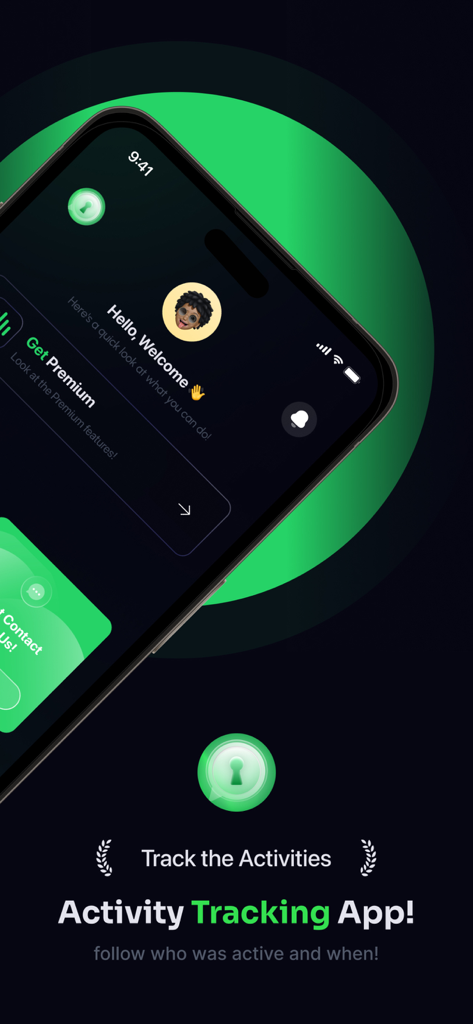 WhoMess Familienüberwachungs-App-Startbildschirm, der die Aktivitätsverfolgungsfunktionen auf einem iPhone anzeigt