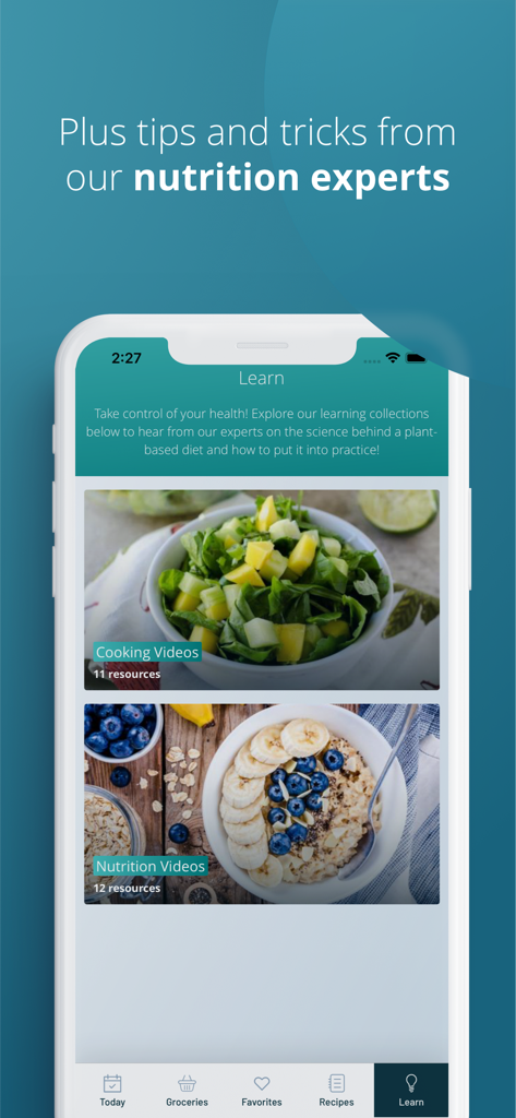Screenshot of the 21-Day Vegan Kickstart app showing the Learn tab with cooking and nutrition video resources from experts.