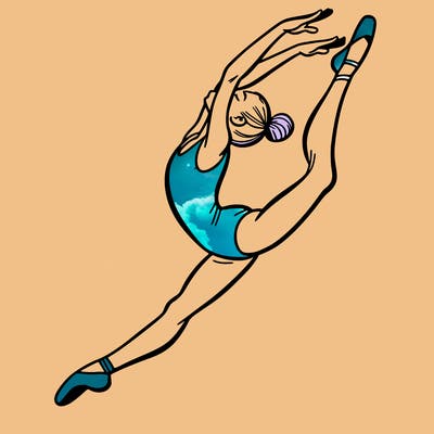 gymnast doing a leap in a leotard with a bent back leg