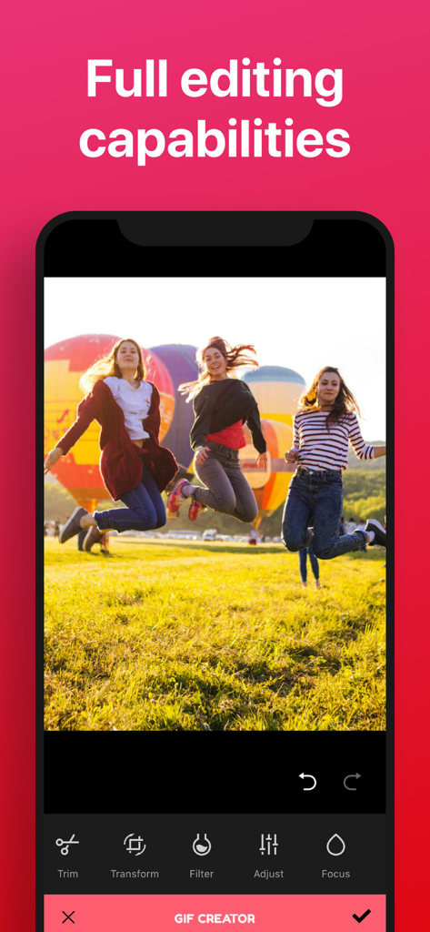 GIF Maker ◐ - GIF Maker App-Oberfläche mit Foto-Bearbeitungswerkzeugen, einschließlich Zuschneiden und Filter