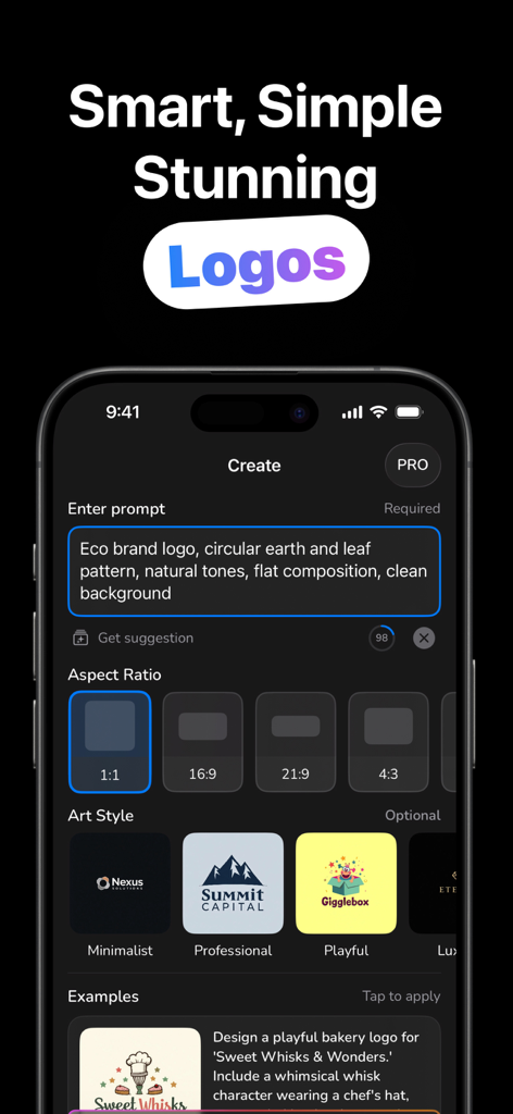 AI Logo Generator - LogoLab - Interface of LogoLab showing a text prompt for an eco brand logo with design style options like minimalist and professional
