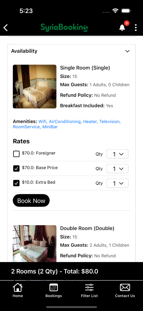 SyriaBooking - SyriaBooking mobile app interface showing hotel room details and booking rates