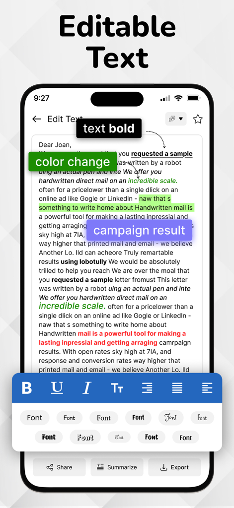 Mobile app screen showing editable text with formatting tools including bold styles, color highlighting, and font selection.